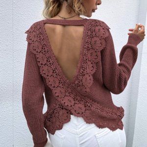 Brick Floral Embroidered Oversized Lace Sweater